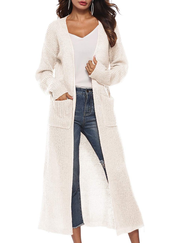 Kistore Womens Long Maxi Cardigan Open Front Cardigan Slit Sweater Casual Loose Elegant Winter Autumn Rib Knitted Coat White-Cream - Image 1